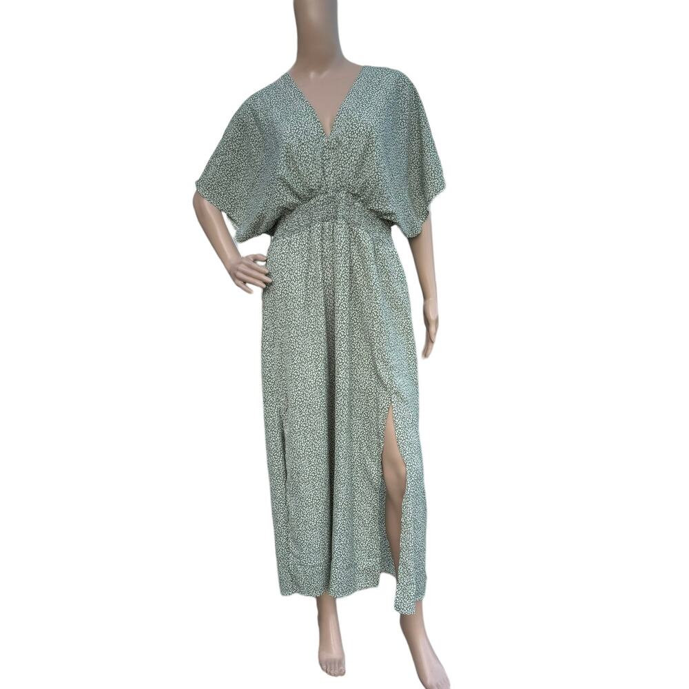 Elings Green White Floral Smocked V-Neck Maxi Dress M Side Slit